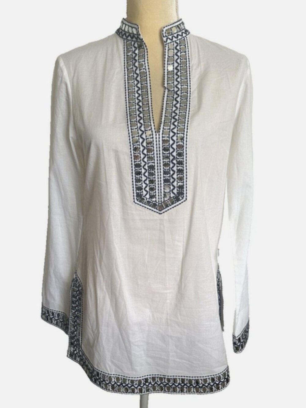 TORY BURCH White Tunic Mirror Sequins Size 4 Cotton
